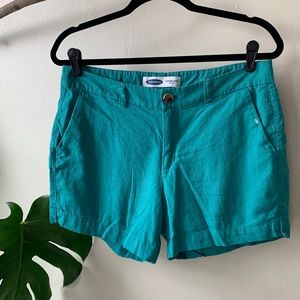 Turquoise Mid Length Linen Shorts